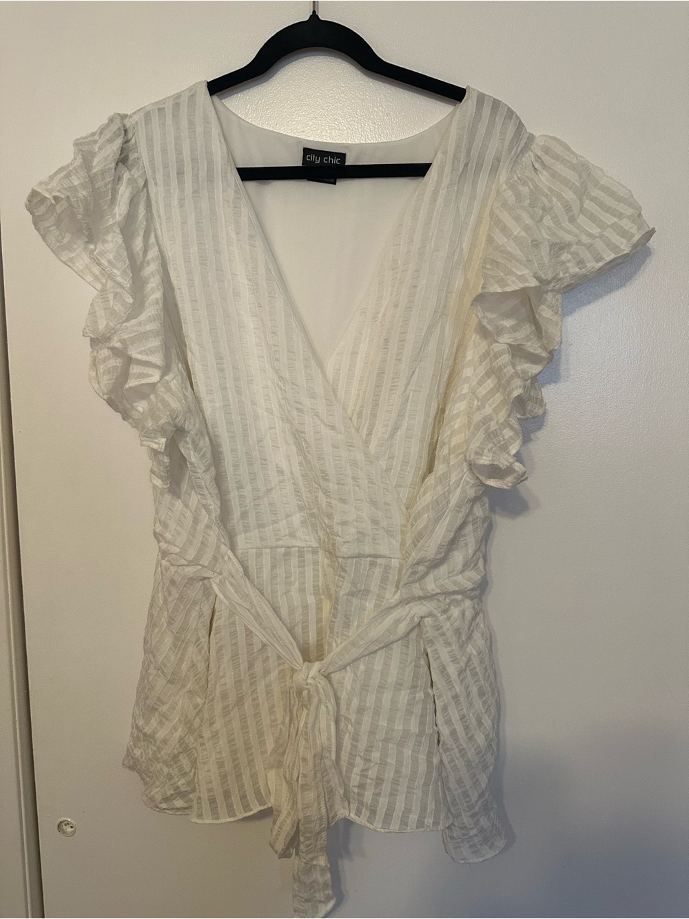 City Chic Ivory Striped Ruffle Tie-Front Blouse